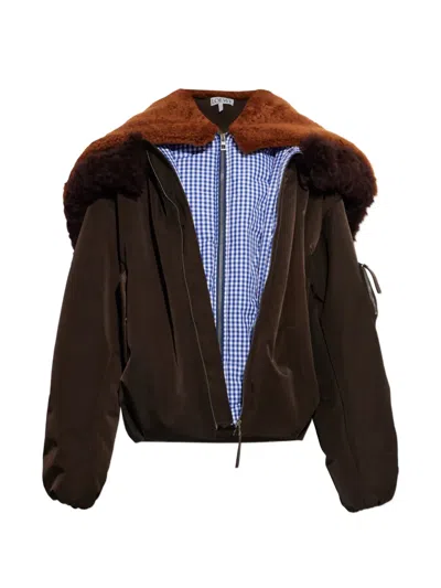 Loewe Shearling-trim Hooded Jacket In Brown