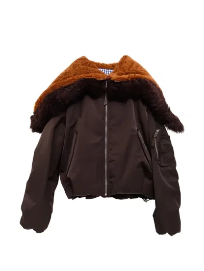 Loewe Gingham Hooded Layered Technical Jacket In Brown