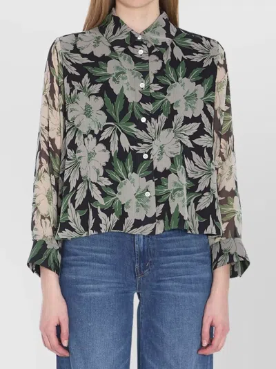 Loewe Sheer Floral Print Silk Shirt With Ruffle Cuffs In Multi
