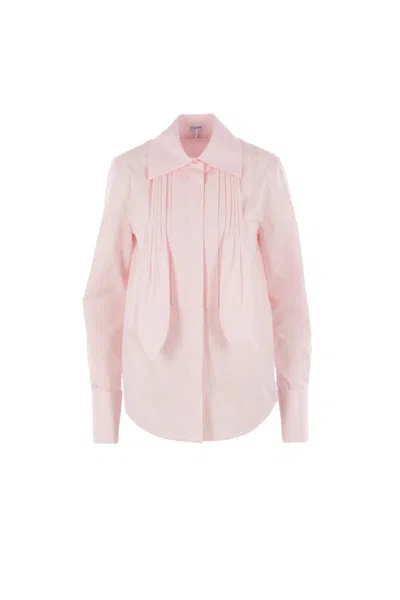 Loewe Cotton Shirt With Curved Hem And Pleat Detailing In Pink