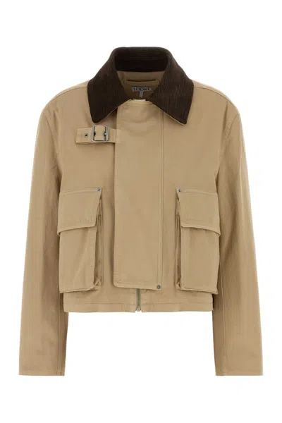 Loewe Cropped Cotton Parka Coat Belted Pockets Contrast Collar In Brown