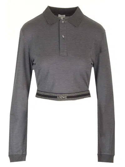 Loewe Logo Long-sleeved Cropped Polo In Grey