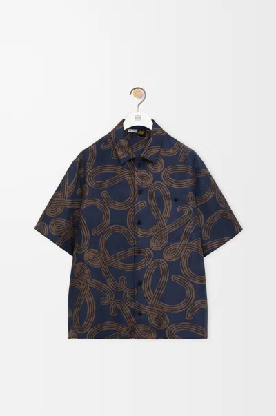 Loewe Short-sleeved Silk Twill Shirt With All-over Anagram Print In Blue