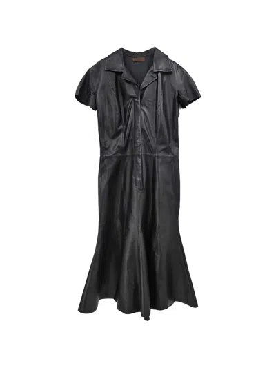 Pre-owned Loewe Short-sleeve Leather Midi Dress In Black