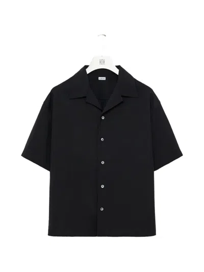 Loewe Logo-embroidered Short-sleeve Wool-blend Shirt In Black