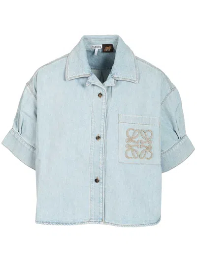 Loewe Short-sleeved Denim Shirt Casual Light Blue
