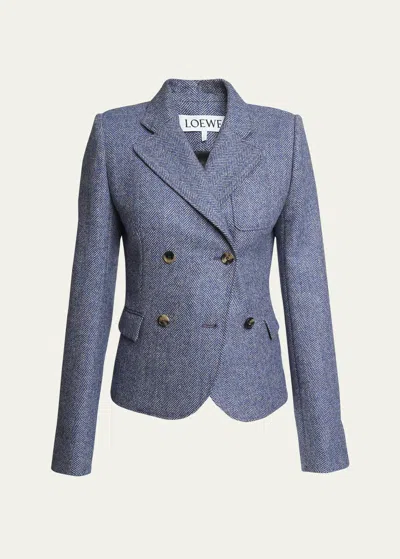 Loewe Shrunken Double-breasted Wool Blazer Jacket In Blue Melan