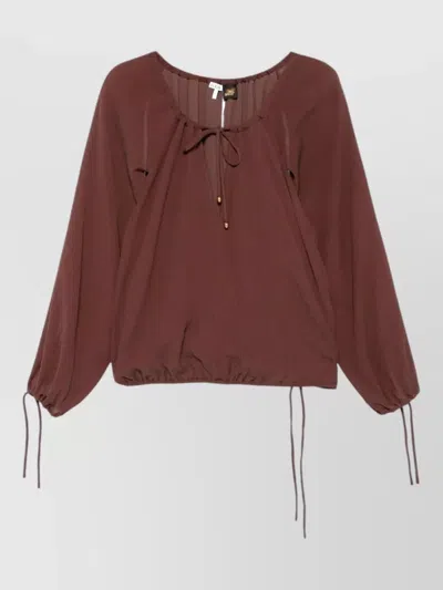 Loewe Silk Cotton Blend Blouse Drawstring Neckline In Brown
