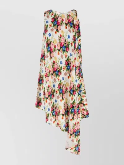 LOEWE SILK DRESS WITH FLORAL PATTERN AND ASYMMETRIC HEM