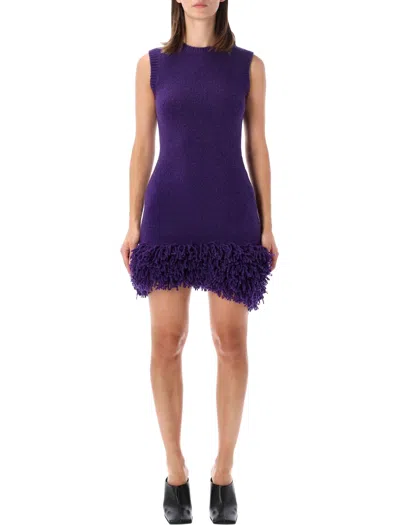 Loewe Sleeveless Knit Mini Dress With Fringed Detail And Asymmetric Hem In Purple