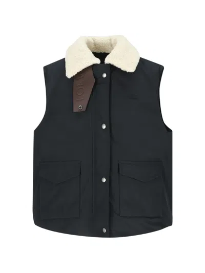 Loewe Logo-debossed Shearling And Leather-trimmed Cotton-blend Canvas Vest In Black