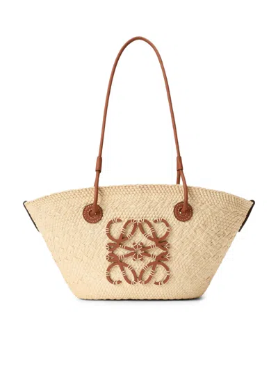 Loewe Small Anagram Basket Bag In Iraca Palm And Calfskin In Nude & Neutrals