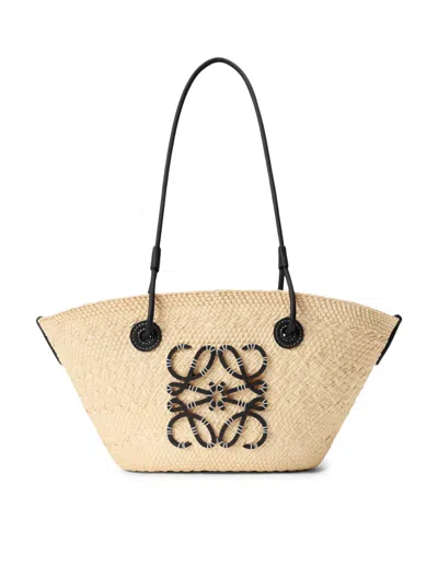 Loewe Small Anagram Basket Bag In Iraca Palm And Calfskin In Nude & Neutrals