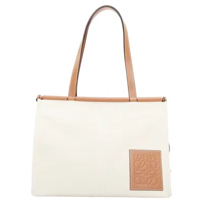 Pre-owned Loewe Small Cushion Cream Canvas Brown Anagram Logo Shoulder Tote Bag In White