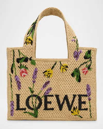 Loewe Font Flowers Small Raffia Tote Bag In Beige