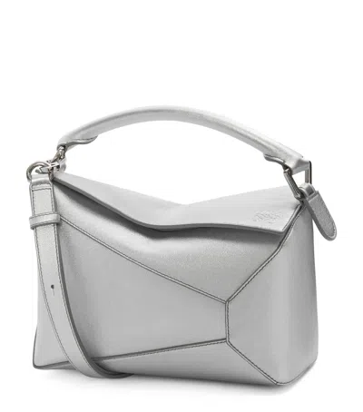 Loewe Small Metallic Leather Puzzle Top-handle Bag In Silver