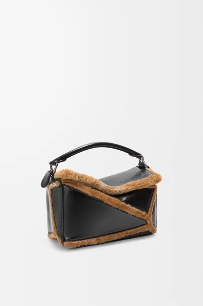 Loewe Small Puzzle Aviator Bag In Glossy Lambskin And Shearling For Woman In Black/brown