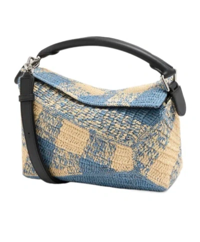 Loewe Small Puzzle Edge Bag In Raffia And Calfskin