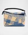 Loewe Small Puzzle Edge Shoulder Bag In Gingham Raffia In Naturallight Blue