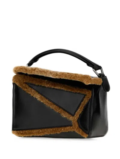 Loewe Small Puzzle Shearling-trim Tote Bag In Black