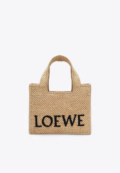 Loewe Small Raffia Tote Bag With Embroidered-logo In Sand