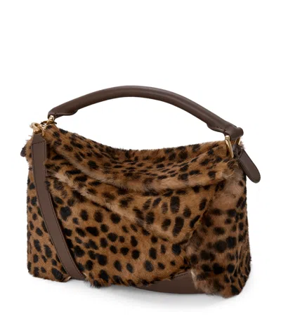 Loewe Puzzle Edge Small Leather-trimmed Leopard-print Shearling Shoulder Bag In Animal Print