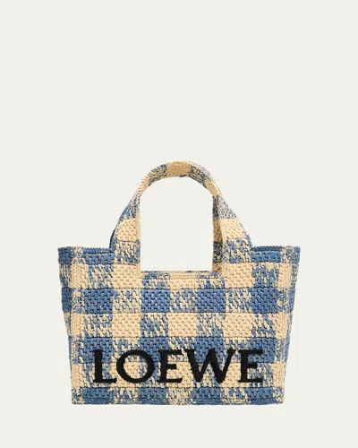 Loewe Small Tote Bag In Gingham Raffia In Naturallight Blue