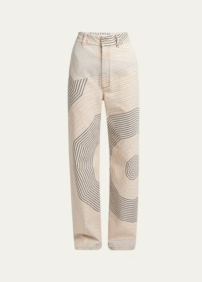 Loewe Spiral Print Baggy Jeans In Beige Navy