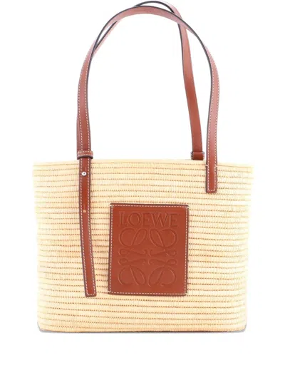 Pre-owned Loewe Square Basket Woven Raffia Small Tote Bag In Brown
