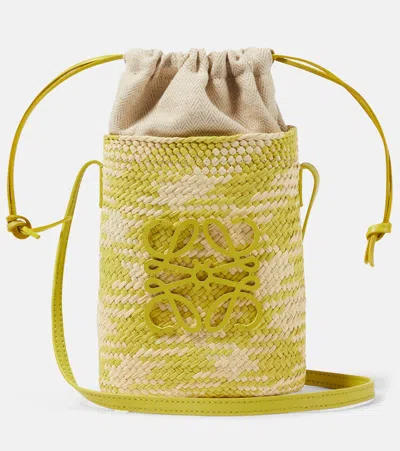 Loewe Square Mini Raffia Bucket Bag In Natural/lime Green