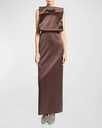 Loewe Square Top Satin Gown With Metal Pin In Brown