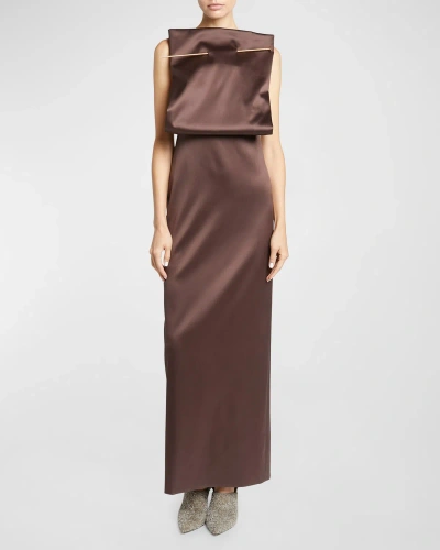 Loewe Square Top Satin Gown With Metal Pin In Chocolate