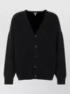 Loewe Stretch Wool Blend Cardigan Ribbed Cuffs Hem In Black