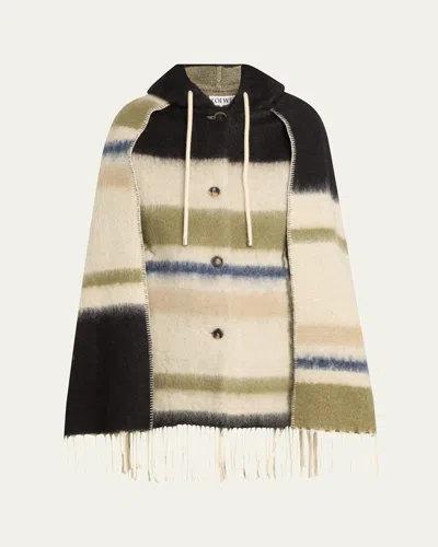 Loewe Stripe Hooded Mohair Wool Scarf Coat In White Black