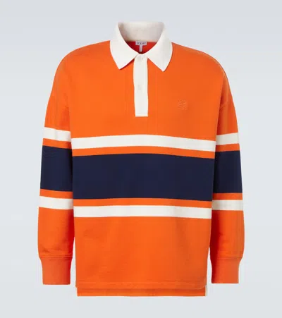 Loewe Striped Cotton Fleece Polo Sweater In Orange