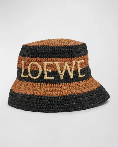 Loewe Striped Logo Raffia Bucket Hat In 1040 Black Honey Gold