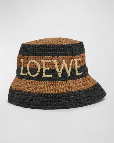 Loewe Striped Logo Raffia Bucket Hat In Brown