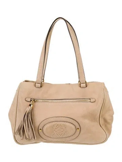 Pre-owned Loewe Suede Anagram Tassel Tote In Neutral