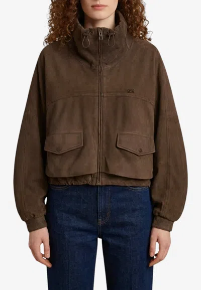 Loewe Suede Leather Cropped Jacket In Brown