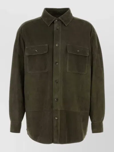 Loewe Suede Shirt Jacket Buttoned Cuffs Chest Pockets In Green