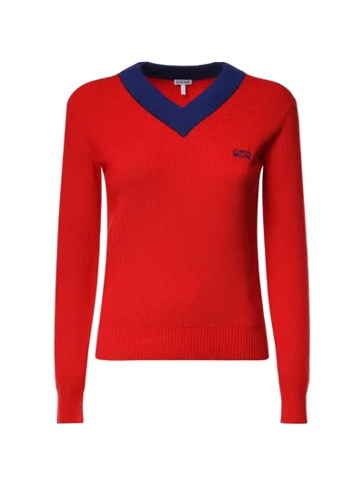 Loewe Anagram-embroidered Ribbed-knit Cotton And Wool-blend Sweater In Red