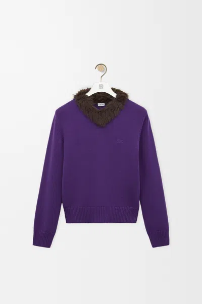 Loewe Plush-trimmed Ribbed Wool Sweater In Purple