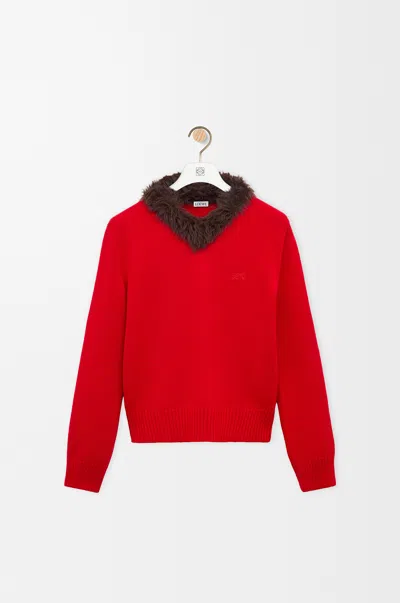 Loewe Plush-trimmed Ribbed Wool Sweater In Red