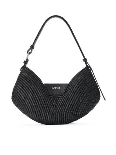 Loewe Swing Medium Bag In Raffia And Calfskin In Black
