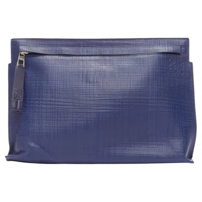 Pre-owned Loewe T Pouch Navy Textured Checkered Leather Silver Zip Wrist Clutch Bag In Blue