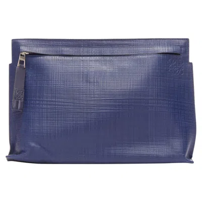 Pre-owned Loewe T Pouch Navy Textured Checkered Leather Silver Zip Wrist Clutch Bag In Blue