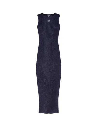 Loewe Lurex Knit Midi Dress With Anagram Detail In Blue