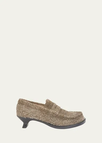 Loewe Terra Suede Kitten-heel Penny Loafers In Khaki Green