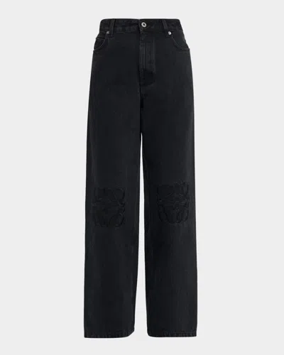 Loewe Tonal Anagram Baggy Wide-leg Jeans In Black