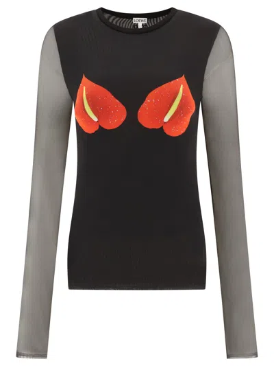 Loewe Floral Print Long Sleeve Sheer Top In Brown
